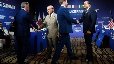 US Vice President JD Vance (2ndR), US President's special envoy Steve Witkoff (L), Pakistan's Prime Minister Shehbaz Sharif (2ndL) and Pakistan's Chief of Army Staff Field Marshal Asim Munir shake hands ahead of a quadrilateral meeting between the United States, Iran, Pakistan and Qatar at the Burgenstock luxury hotel complex overlooking Lake Lucerne, Switzerland, on June 21, 2026, as part of high-level talks aimed at advancing a deal to end the Middle East conflict. A new round of negotiations over the Middle East war was set to kick off on June 21, 2026 with Iranian negotiators arriving in the Swiss host city hours ahead of US Vice President JD Vance, even as Tehran said it was closing the Strait of Hormuz again over Israeli attacks in Lebanon. 
Nathan Howard / POOL / AFP