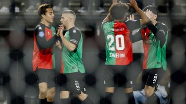 NIJMEGEN - (l-r) Kodai Sano of NEC Nijmegen, Bryan Linssen of NEC Nijmegen, Noé Lebreton of NEC Nijmegen, Basar Onal of NEC Nijmegen vieren de 1-0 tijdens de halve finale KNVB Beker wedstrijd tussen N.E.C. en PSV in De Goffert op 3 maart 2026 in Nijmegen, Nederland. MAURICE VAN STEEN / ANP