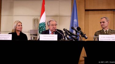 (L to R) United Nations Special Coordinator for Lebanon Jeanine Hennis-Plasschaert, UN Secretary-General Antonio Guterres, and UN Interim Force in Lebanon Commander Lieutenant General Aroldo Lazaro give a press conference at a hotel in Beirut on January 18, 2025. 
IBRAHIM AMRO / AFP