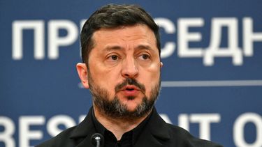 Ukraine's President Volodymyr Zelensky speaks during a joint press conference with Serbia's President following their meeting at the Palace of Serbia, in Belgrade on August 8, 2026. 
Andrej ISAKOVIC / AFP