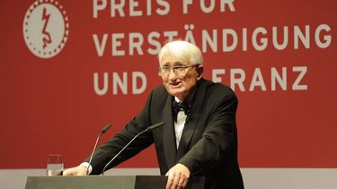 Professor Jurgen Habermas speaks at the Jewish museum during a ceremony to award Jan Philipp Reemtsma and Hubertus Erlen with the prize for 