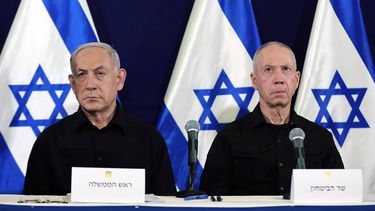 epa11703358 (FILE) - Israel's Prime Minister Benjamin Netanyahu (L) and Defense Minister Yoav Gallant (R) address a press conference at Kirya military base in Tel Aviv, Israel, 28 October 2023 (reissued 05 November 2024). Israeli Prime Minister Netanyahu announced on 05 November 2024, that he fired Defense Minister Yoav Gallant and appointed Minister Yisrael Katz to the position. 'I decided today to end the term of the Minister of Defense. In his place, I decided to appoint Minister Yisrael Katz to the position', Netanyahu said, citing a 'crisis of trust' between him and Gallant.  EPA/ABIR SULTAN / POOL