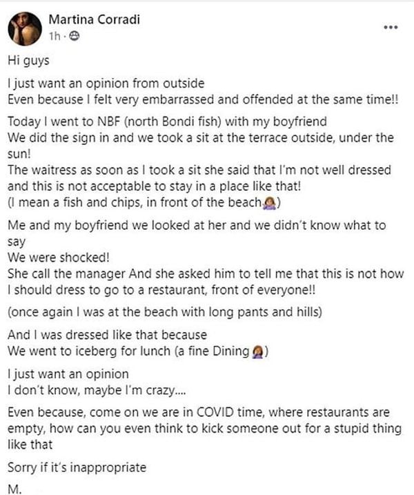 De Facebookpost van Martina waarin ze het incident aankaart.