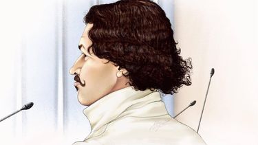 ROTTERDAM - Rechtbanktekening van Erasmusschutter, Fouad L. in de beveiligde zaal van de Rotterdamse rechtbank tijdens de start van de inhoudelijke behandeling. Fouad wordt onder andere  verdacht van het doodschieten van een 39-jarige vrouw en haar 14-jarige dochter aan het Heiman Dullaertplein en een 43-jarige docent in een collegezaal van het Erasmus MC, op 28 september. ANP ADRIEN STANZIANI