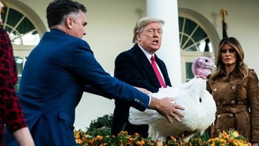 Een foto van Donald Trump met de kalkoen van 2019
