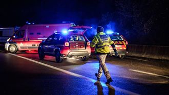A SAMU ambulance emergency responder takes part in a civil safety drill simulating a traffic accident through a tunnel in Talant, Central Eastern France on September 25, 2025. 
ARNAUD FINISTRE / AFP