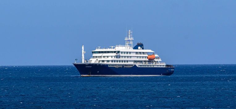 A general view of the cruise ship MV Hondius stationary off the port of Praia, the capital of Cape Verde, on May 3, 2026. An outbreak of 