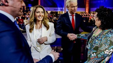 DEN HAAG - Pieter Omtzigt (NSC), Dilan Yesilgoz (VVD), Geert Wilders (PVV) en Caroline van der Plas (BBB) tijdens het slotdebat van de NOS, een dag voor de Tweede Kamerverkiezingen. ANP REMKO DE WAAL