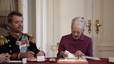 epa11076154 Denmark's Queen Margrethe (R) signs a declaration of abdication next to Crown Prince Frederik in the Council of State at Christiansborg Castle in Copenhagen, Denmark, 14 January 2024. Denmark's Queen Margrethe II announced in her New Year's speech on 31 December 2023 that she would abdicate on 14 January 2024, the 52nd anniversary of her accession to the throne. Her eldest son, Crown Prince Frederik, is set to succeed his mother on the Danish throne as King Frederik X. His son, Prince Christian, will become the new Crown Prince of Denmark following his father's coronation.  EPA/MADS CLAUS RASMUSSEN DENMARK OUT