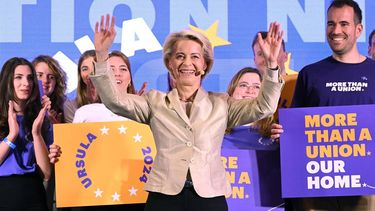 European Commission President and EPP lead candidate Ursula von der Leyen delivers a speech during an EPP election evening after the vote for the European Parliament election in Brussels on June 9, 2024. 
JOHN THYS / AFP