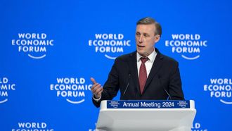 US National Security Advisor Jake Sullivan addresses the assembly at the World Economic Forum (WEF) annual meeting in Davos, on January 16, 2024. 
Fabrice COFFRINI / AFP