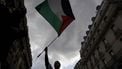 A protestor holds up a Palestinian flag during a demonstration called by French organisation 