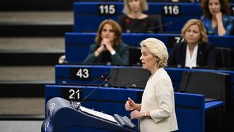 European Commission President Ursula von der Leyen delivers a speech during her annual State of the Union address at a plenary session of the European Parliament in Strasbourg, eastern France on September 16, 2026. EU chief Ursula von der Leyen said Wednesday the future of the 27-nation bloc depends on how it manages climate change and artificial intelligence, as she delivered a major speech in Strasbourg.
Jean-Christophe VERHAEGEN / AFP