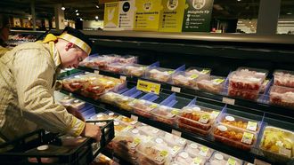 DELFT - Een medewerker legt De 'Nieuwe Standaard Kip' in de schappen van de Jumbo, die als eerste supermarkt een eind maakt aan de plofkip. De kippen hebben meer leefruimte gehad en zijn minder snel vetgemest. ANP MARTIJN BEEKMAN