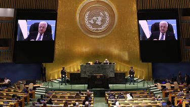 Palestinian president Mahmud Abba speaks by a pre recorded video message to the 81st United Nations General Assembly at UN headquarters in New York on September 24 2026.  during the 81st United Nations General Assembly at the United Nations Headquarters in New York, on September 24, 2026. 
TIMOTHY A. CLARY / AFP