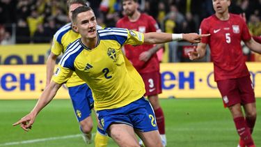 Sweden's defender #02 Gustaf Lagerbielke celebrates scoring his team's second goal 2:1 during the FIFA World Cup 2026 European qualification final football match between Sweden and Poland in Solna, Sweden, on March 31, 2026. 
Jonathan Nackstrand / AFP