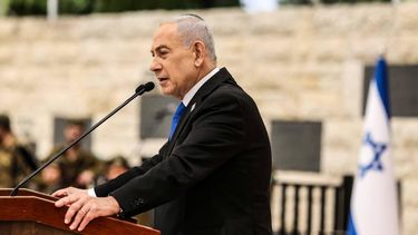 Israel’s Prime Minister Benjamin Netanyahu speaks during a ceremony commemorating Israel’s Remembrance Day for fallen soldiers, or Yom HaZikaron, at the Military Cemetery on Mount Herzl in Jerusalem on April 21, 2026. 
Ilia YEFIMOVICH / POOL / AFP