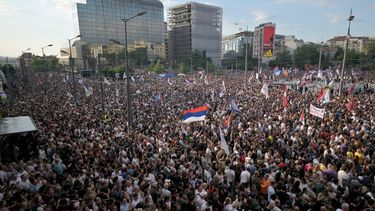 People take part in an anti-government protest decrying corruption and calling for early elections following the collapse of a railway station canopy in Novi Sad that killed 16 in November 2024, in central Belgrade on May 23, 2026. 
OLIVER BUNIC / AFP