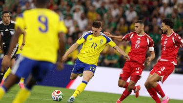 Sweden's forward #17 Viktor Gyokeres, Tunisia's midfielder #17 Ellyes Skhiri and Tunisia's defender #03 Montassar Talbi fight for the ball during the 2026 World Cup Group F football match between Sweden and Tunisia at the Monterrey Stadium in Guadalupe on June 14, 2026. 

Julio Cesar AGUILAR / AFP