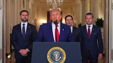 US President Donald Trump addresses the nation, alongside US Vice President JD Vance (L), US Secretary of State Marco Rubio (2nd R) and US Secretary of Defense Pete Hegseth (R), from the White House in Washington, DC on June 21, 2025, following the announcement that the US bombed nuclear sites in Iran. President Donald Trump said June 21, 2025 the US military has carried out a 