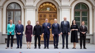 (LtoR) Denmark's Prime Minister Mette Frederiksen, Finland's Prime Minister Petteri Orpo, Iceland's Prime Minister Kristrun Frostadottir, Ukrainian President Volodymyr Zelensky, Norway's Prime Minister Jonas Gahr Store, Latvia's Prime Minister Andris Kulbergs, Lithuania's Prime Minister Inga Ruginiene and Sweden's Prime Minister Ulf Kristersson pose for a family photo during the Nordic and Baltic Prime Ministers’ (NB8) Summit 2026 on June 9, 2026 at the Statehood House in Tallinn, Estonia.  
RAIGO PAJULA / AFP