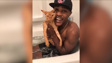 Lief: Man houdt kat in bad rustig met lieve rap