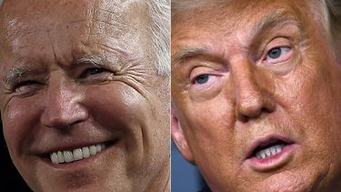 Twee portretfoto's van Joe Biden en Donald Trump naast elkaar