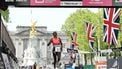 Ethiopia's Tigst Assefa crosses the line to win the women's race in a new women's only world record at the 2026 London Marathon in central London on April 26, 2026. 
JUSTIN TALLIS / AFP