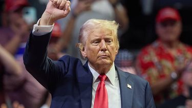 epa11489843 Republican presidential nominee Donald J. Trump holds his fist up after speaking at his first joint rally with Republican vice presidential nominee Senator JD Vance at Van Andel Arena in Grand Rapids, Michigan, USA, 20 July 2024.  EPA/ALLISON DINNER