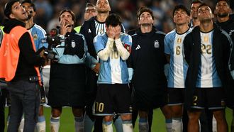 Argentina's forward #10 Lionel Messi cries in a tribute after the international friendly football match between Argentina and Benin at the Mas Monumental stadium in Buenos Aires on October 6, 2026. 
Luis ROBAYO / AFP