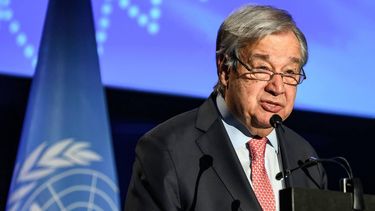 UN Secretary-General Antonio Guterres delivers the opening speech of the first Global Dialogue on AI Governance, in Geneva on July 6, 2026. Guterres called for a global governance system to shape artificial intelligence for the good of humanity, warning against allowing the technology itself to 