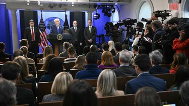 US President Donald Trump flanked by, L-R, Solicitor General D. John Sauer, US Secretary of Commerce Howard Lutnick and Trade Representative Jamieson Greer, speaks during a press conference in the Brady Press Briefing Room of the White House in Washington, DC, on February 20, 2026.  US President Donald Trump will hold a press conference Friday to discuss the Supreme Court's ruling against a major part of his tariffs, spokeswoman Karoline Leavitt said.

Mandel NGAN / AFP