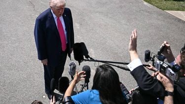 US President Donald Trump speaks to reporters before walking to board Marine One as he departs from the South Lawn of the White House in Washington, DC, on April 16, 2026. Trump is headed to Las Vegas where he will deliver remarks on his 