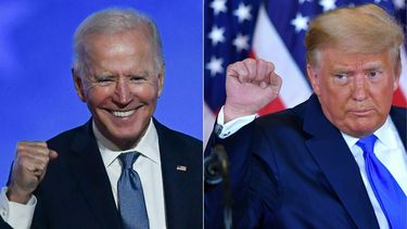 Een foto van Biden en Trump, beiden met gebalde vuist