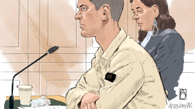 DEN BOSCH - Rechtbanktekening van Wesley W. in de rechtbank. De basisschoolmedewerker wordt verdacht van in totaal zeven feiten in zijn zaak over het plegen van ontucht met twintig minderjarige slachtoffers. Hij zou achttien meisjes seksueel hebben misbruikt en van twee kinderen kinderpornografische beelden hebben gemaakt. ANP ALOYS OOSTERWIJK