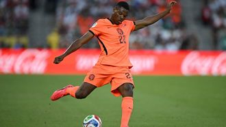 Netherlands' defender #22 Denzel Dumfries shoots during the 2026 World Cup round of 32 football match between the Netherlands and Morocco at the Monterrey Stadium in Guadalupe on June 29, 2026. 

CARL DE SOUZA / AFP
