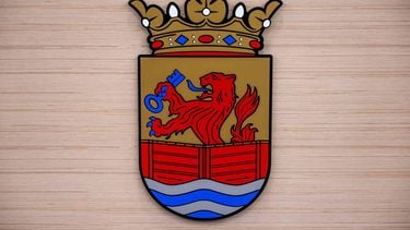 TERNEUZEN - Het wapenschild van Terneuzen in de gemeentaraadszaal, voorafgaand aan een besloten vergadering over de komst van een azc in Terneuzen. Een meerderheid van de gemeenteraad gaf onlangs aan toch tegen een azc te zijn, ondanks dat er eerder een overeenkomst was voor de komst van een azc. ANP JONAS ROOSENS