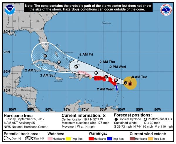 De verwachte route van orkaan Irma
