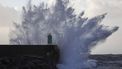 2023-11-02 20:00:02 epa10955135 Strong weaves hit a lighthouse in Pontevedra, Galicia, north-western Spain, 02 November 2023. Storm Ciaran, a high-impact storm originated in the United Kingdom, on 02 November triggered warnings throughout Spain, except in the Canary Islands, due to rain, gusts of wind of up to 110 km/h and maritime storms.  EPA/Sxenick