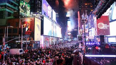 Revelers celebrate the New Year at Times Square in New York City, just after midnight on January 1, 2025. 
Leonardo Munoz / AFP