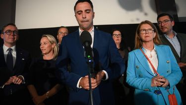 Top candidate of the conservative Christian Democratic Union (CDU) party Daniel Peters reacts as he addresses supporters next to German State Minister for Federal-State Relations in the Chancellery Philipp Amthor (L) after the release of the exit polls in the regional elections on September 20, 2026, in Schwerin in the northeastern federal state of Mecklenburg-Western Pomerania. The far-right Alternative for Germany (AfD) party made strong gains in two state elections, in Berlin and Mecklenburg-Western Pomerania, on September 20, according to exit polls by public broadcasters ARD and ZDF.  Gregor Fischer / AFP