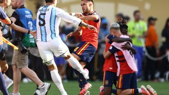 Argentina's midfielder #05 Leandro Paredes (L) clashes with Spain's defender #04 Eric Garcia at the end of the 2026 World Cup football tournament final match between Spain and Argentina at the New York/New Jersey Stadium in East Rutherford on July 19, 2026. 

CHARLY TRIBALLEAU / AFP
