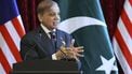 epa12434116 Pakistan's Prime Minister Shehbaz Sharif speaks during a joint press conference with Malaysia's Prime Minister Anwar Ibrahim (not pictured) during Sharif's official visit, in Putrajaya, Malaysia, 06 October 2025.  EPA/Hasnoor Hussain / POOL