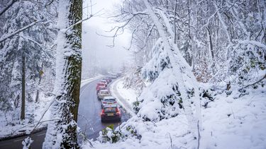 Sneeuw bij Drielandenpunt, auto's staan in de file.