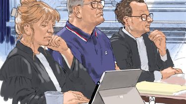 LEEUWARDEN - Rechtbanktekening van Richard K. tijdens de eerste dag van de inhoudelijke behandeling in het hoger beroep in de zaak 'Weiteveen' in het Gerechtshof Leeuwarden. De rechtbank legde K. in maart van 2025 levenslang op voor de moord op een man (38) en een vrouw (44) in het Drentse Weiteveen. ALOYS OOSTERWIJK / ANP