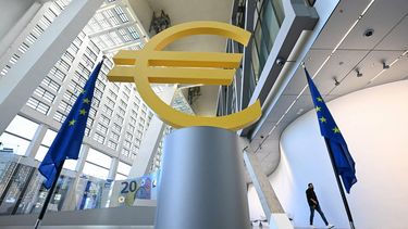 A man walks past a Euro logo at the visitors centre of the European Central Bank (ECB), at the central bank's headquarters in Frankfurt am Main, western Germany, on  April 30, 2026 ahead a press conference on the Eurozone's monetary policy. 
Kirill KUDRYAVTSEV / AFP