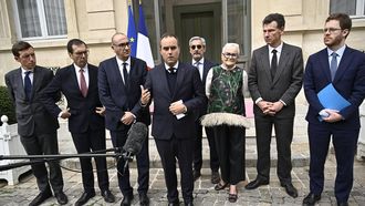 France's Prime Minister Sebastien Lecornu (4th L) speaks to the press flanked by (from L) France's Education Minister Edouard Geffray, France's Labour Minister Jean-Pierre Farandou, France's Interior Minister Laurent Nunez, France's Trade Minister Serge Papin, France's Urbanity and Decentralisation Minister Francoise Gatel, France's Higher Education, Research and Space Minister Philippe Baptiste and France’s junior Minister for Public Accounts David Amiel, as they leave an Interministerial Crisis Meeting at the Interior Ministry in Paris on October 19, 2026, as French authorities scrambled to stem public discontent fuelling mass cost-of-living demonstrations that over the weekend spilled over into some of the worst street violence in recent years. 
JULIEN DE ROSA / POOL / AFP