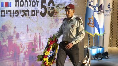 Israel chief of staff Herzi Halevi lays a wreath during the state commemoration ceremony for fallen soldiers on the 50th anniversary of the 1973 Arab-Israeli war at the Memorial Hall on Mount Herzl in Jerusalem on September 26, 2023. 
MENAHEM KAHANA / AFP