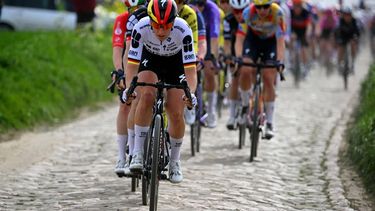 FDJ United-SUEZ's German rider Franziska Koch leads the pack on a cobblestone sector during the 6th edition of the Women Paris-Roubaix one-day classic cycling race, 143.1 km between Denain and Roubaix, northern France, on April 12, 2026.  
NICOLAS TUCAT / AFP