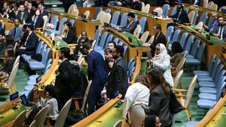 Some attendees leave their seats, including members of the Palestinian delegation, as Israel's Prime Minister Benjamin Netanyahu arrives to speak during the 81st United Nations General Assembly at the United Nations Headquarters in New York, on September 24, 2026. 
ANGELA WEISS / AFP